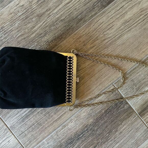 Vintage Triangle New York Black Suede Evening Clutch with Gold Chain Strap - Picture 2 of 9